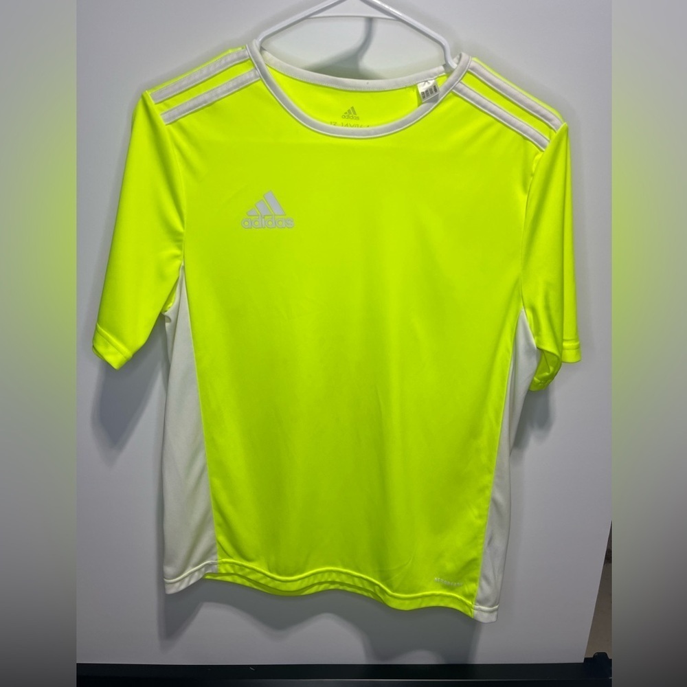 Adidas Bright Neon Yellow & White Short Sleeve Top Kids 13-14Y Soccer